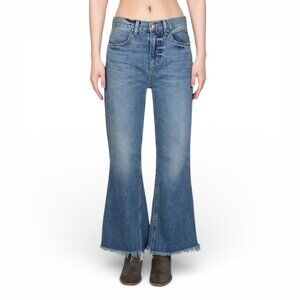 The Great Kick Bell Jeans 27 High Rise Cropped Flare Raw Hem Blue Denim
